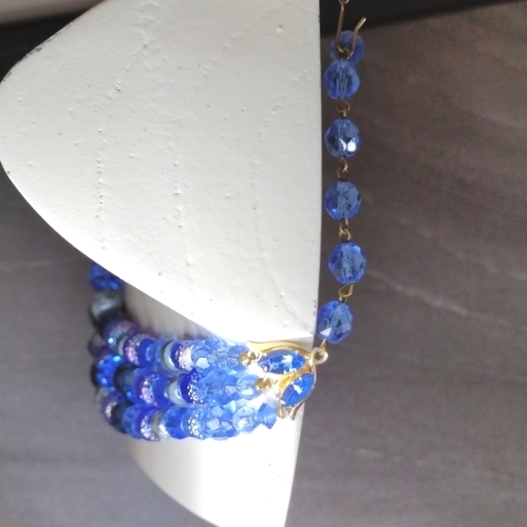 Glass Triple Strand Deep Blue Necklace 12-13" with 3" Extender Hook Clasp - Picture 3 of 7